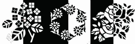 三联花朵矢量黑白装饰画
