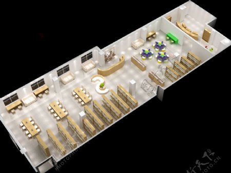 家具行业室内3D图书馆效果模型示意图