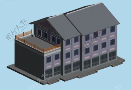 灰兰顶中式风格建筑群3D模型图