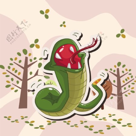 印花矢量图可爱卡通卡通动物毒蛇大树免费素材