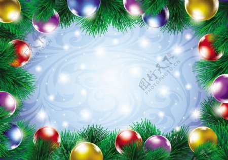 圣诞球松树枝边框圣诞背景图片