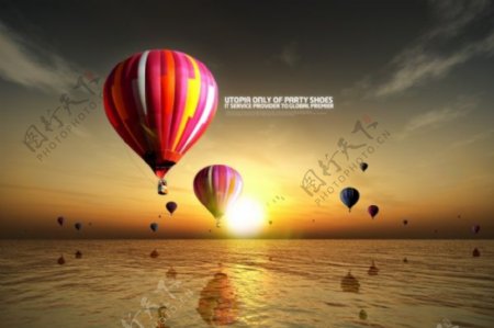 美丽海景热气球PSD分层素材图片