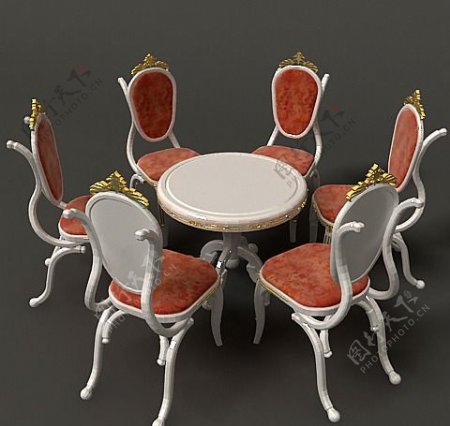 欧式描金雕花餐桌椅模型