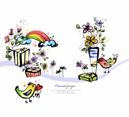 小鸟鲜花和彩虹