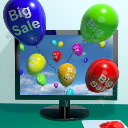 销售气球来自计算机展示促销的折扣和减少在线