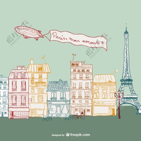 彩绘巴黎街道风景矢量图