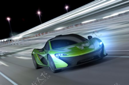 快速行驶的绿色跑车图片