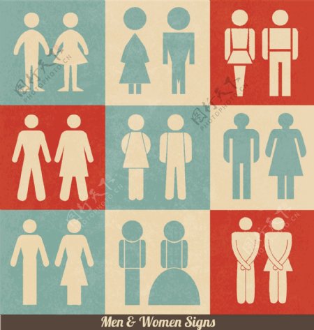 男性和女性的迹象复古的设计WC洗手间标志图标厕所象形图