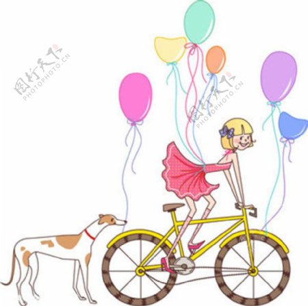 手绘骑着自行车的女孩与狗