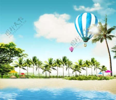 夏天沙滩海浪热气球天空热带玉林