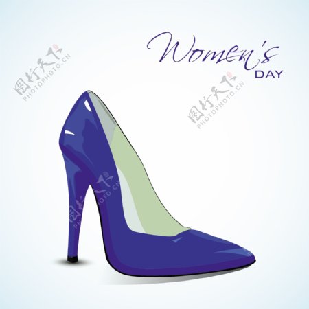 三八妇女节贺卡或海报和有光泽的蓝色女士鞋蓝色背景上的设计