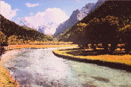 山水树林风景手绘油画图片