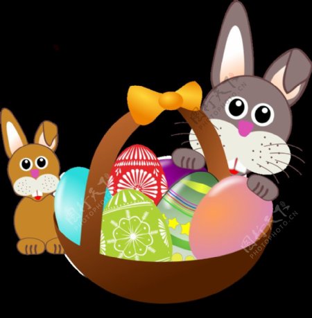 有趣的兔子脸复活节鸡蛋放在一个篮子里有小兔子