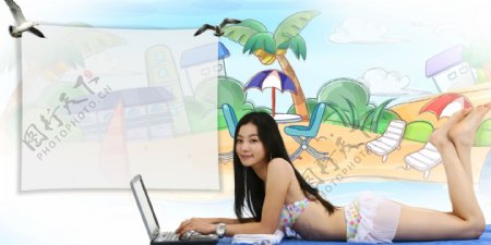鸽子女性女人上网躺着手绘psd分层素材源文件09韩国设计元素