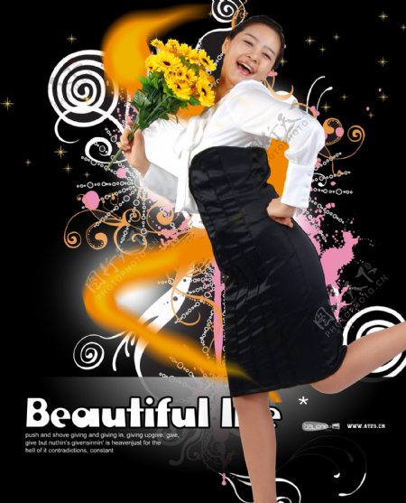 人物美女女性模特花纹底纹星光黄丝带09韩国设计元素psd分层素材源文件