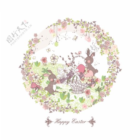 复活节兔子花卉花纹花圈素材免费下载