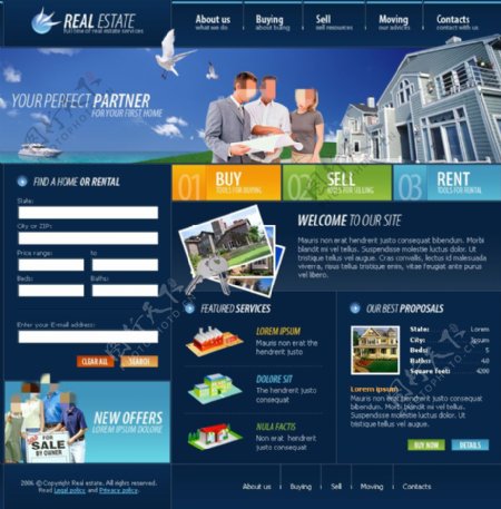 蓝色房地产网页psd模板