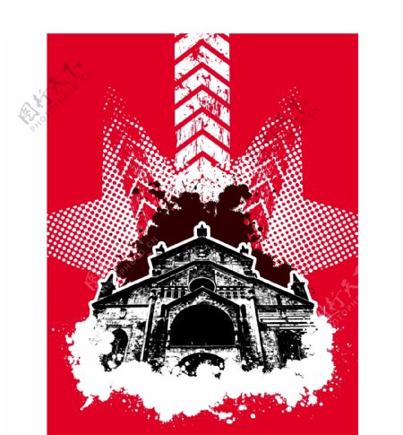 红色建筑背景海报