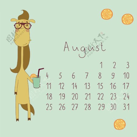 可爱的卡通八月日历设计矢量