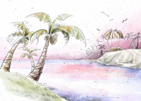 HanMaker韩国设计素材库背景淡彩色调意境绘画风格椰树湖畔