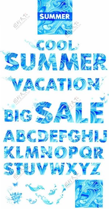 蓝色的凉爽的夏日主题英文字母矢量素材