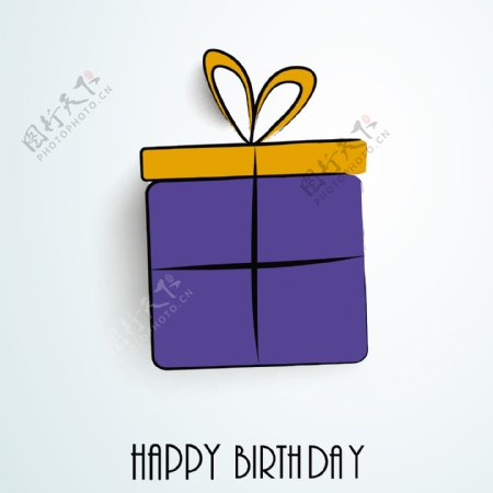 快乐的生日贺卡或邀请卡上有蓝色的礼品袋系着黄丝带