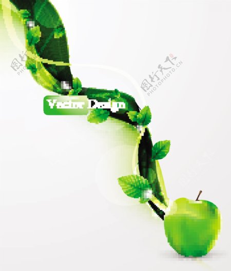 矢量素材绿色苹果和树叶