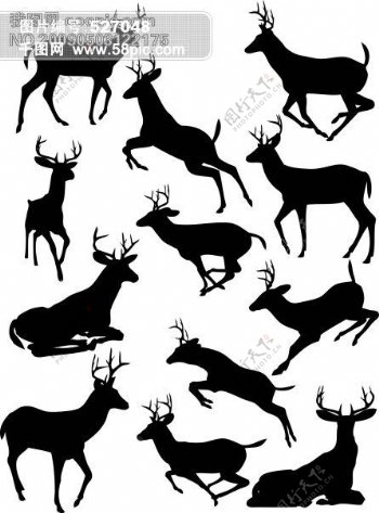 黑白多种运动姿态鹿的剪影