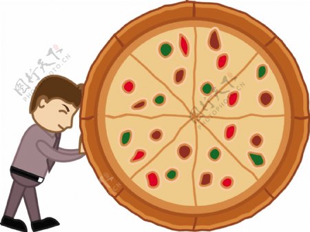 卡通矢量图人拖着不垃圾食品的概念一个匹萨饼的