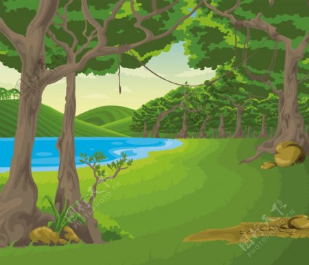 卡通山川河流树林图片