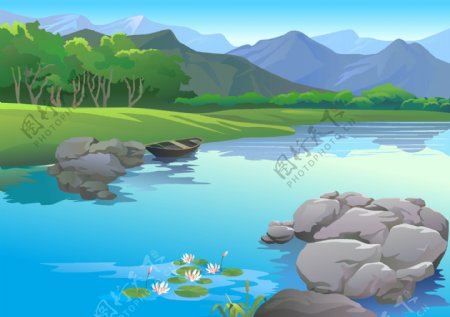 乡村河水漂亮的风景矢量图