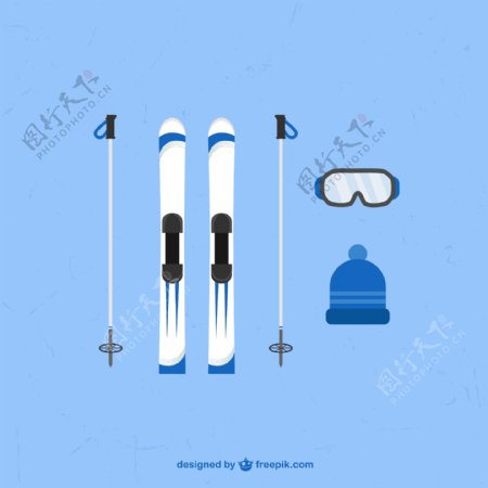 蓝色系卡通滑雪设备矢量素材