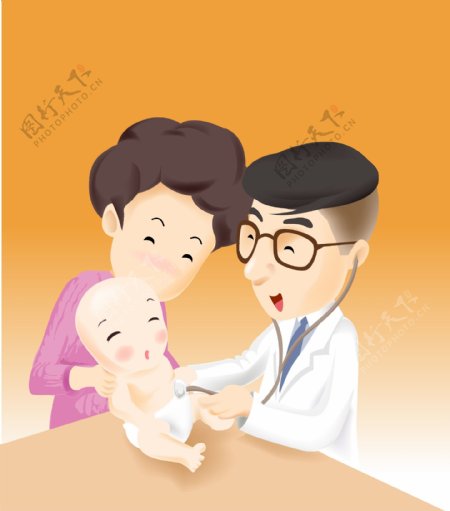 戴眼镜男医生婴儿看病年轻母亲