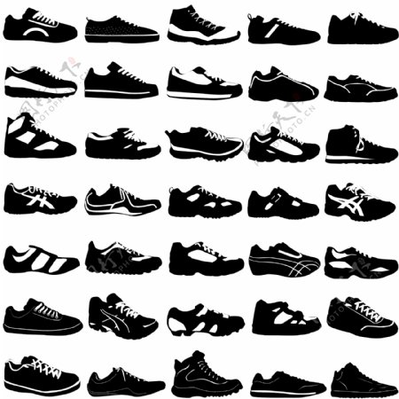 各种各样的黑色和白色运动鞋矢量素材