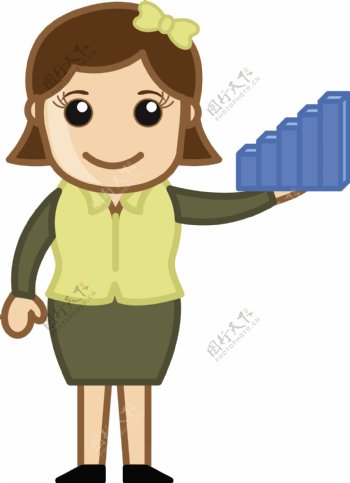 妇女抱着一个统计图棒玩具卡通商业矢量插图