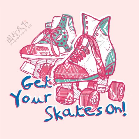 印花矢量图T恤图案图文结合运动元素溜冰鞋免费素材
