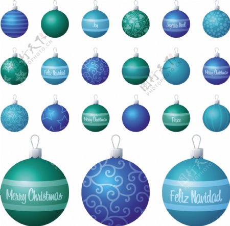 一个蓝色的水不同图案的圣诞装饰品在白色背景矢量插画