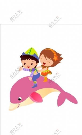 海豚和2个小孩子图片