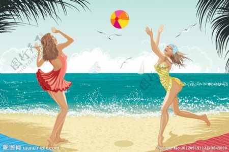 夏日沙滩玩皮球的美女图片