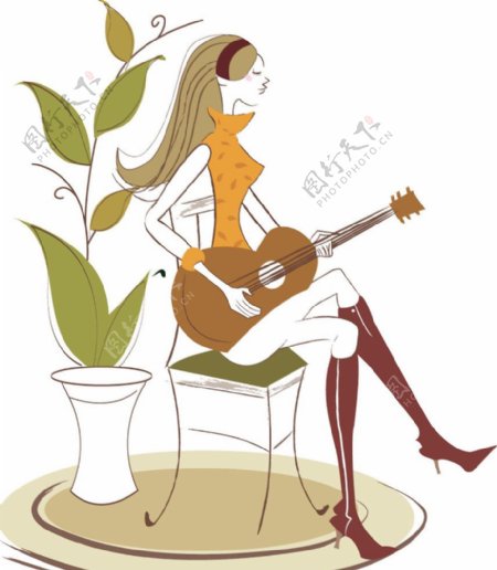 韩国插画美女音乐吉他图片