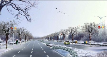 乡村道路雪景效果图图片