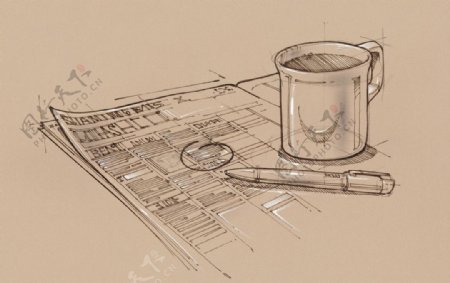 手绘线图书籍咖啡图片