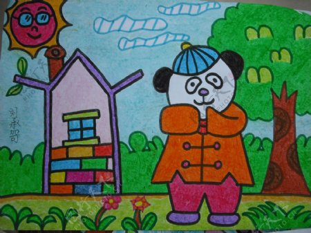 儿童蜡笔画熊猫图片