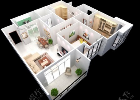 室内现代设计鸟瞰3D模型图片