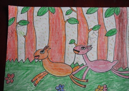 儿童绘画作品奔跑小鹿图片