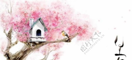 卡通水彩画樱花小屋背景图片