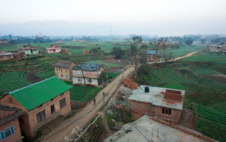 农村农田和房屋屋顶图片