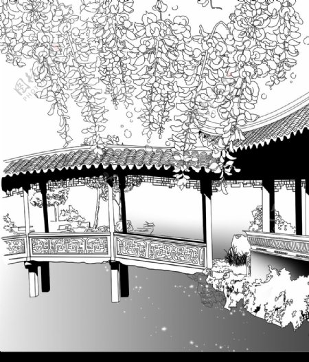 中国古典园林小桥紫籐花图片