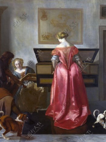 油画站在钢琴前的红衣女子图片