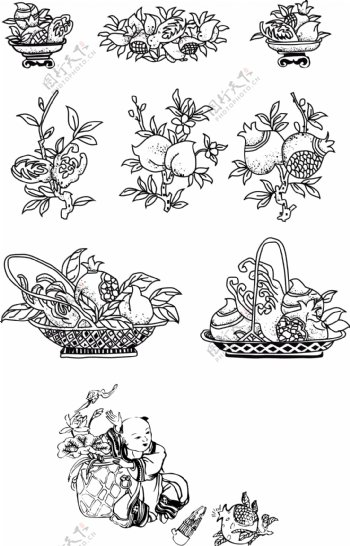 植物石榴福娃童子桃子富贵花纹古典花纹传统花纹图片